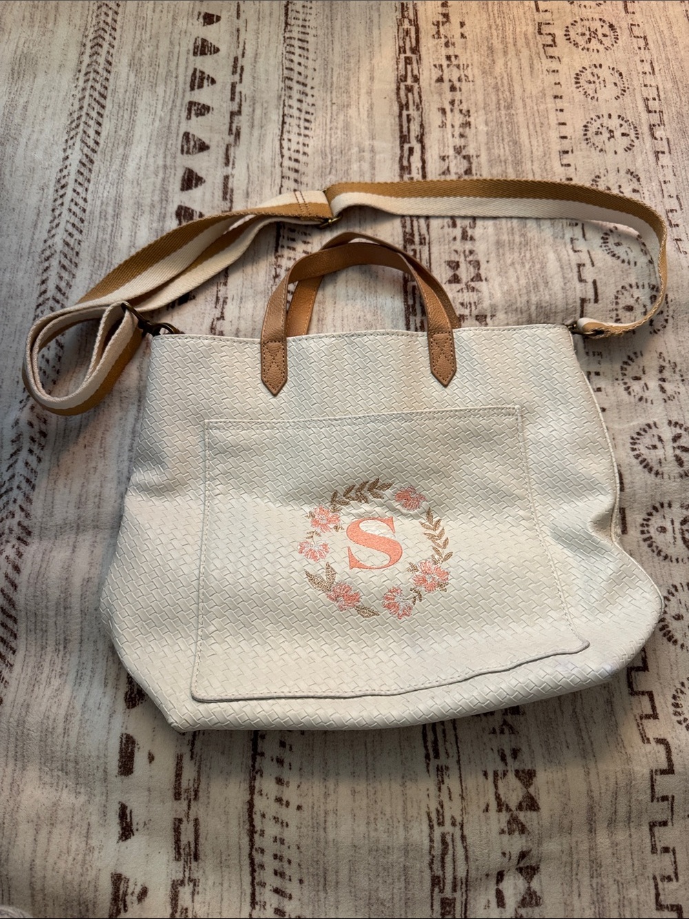 Cream Tote with Pink Floral Monogram and Tan Accents